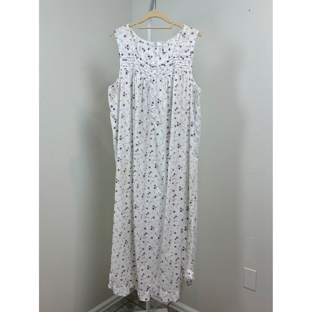 Adonna Womens XL Floral Sleeveless Nightgown White Purple Floral Cotton Ruffle